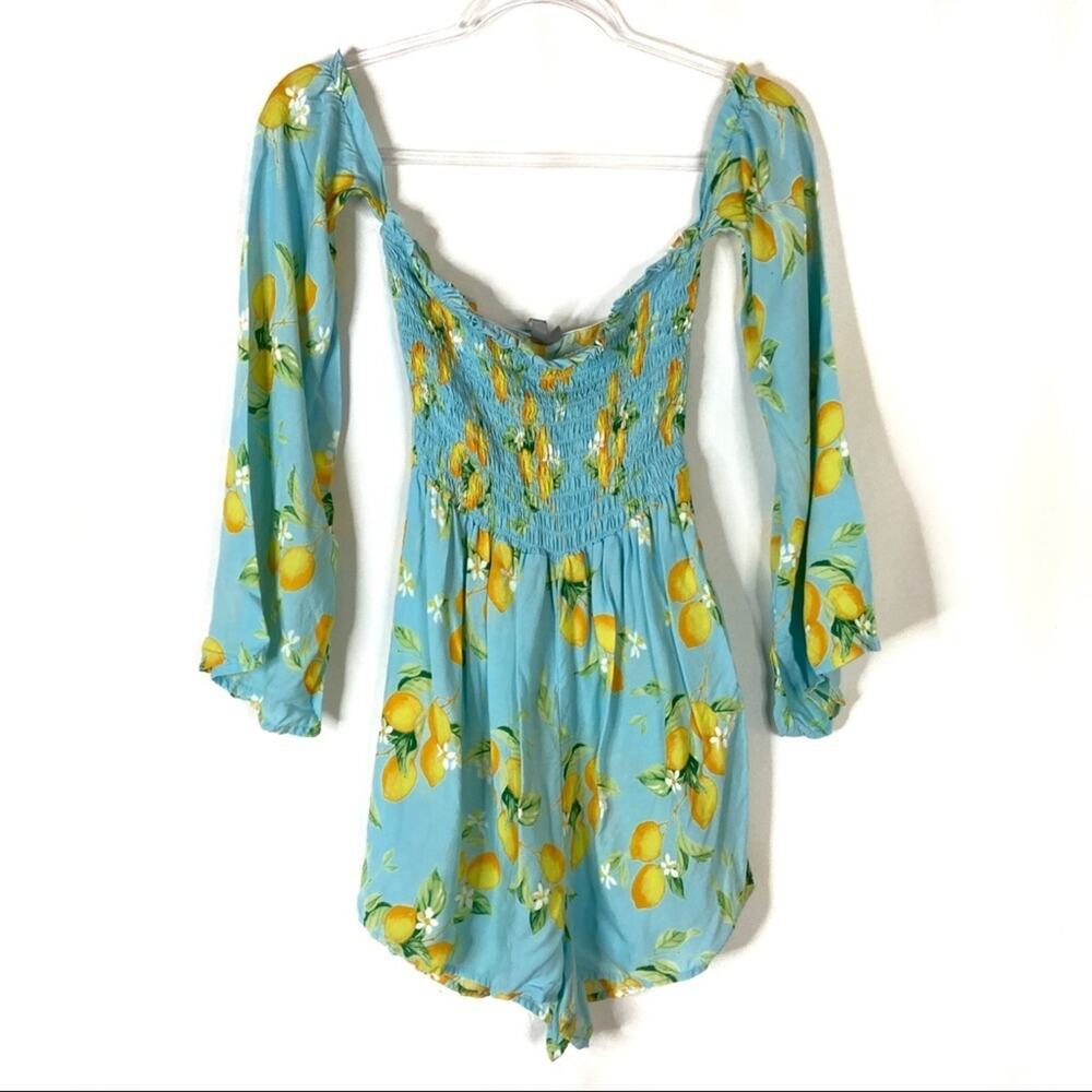 ASOS Swim Blue Lemon Print Ruched Off-The-Shoulder Swim Romper Coverup Womens 4